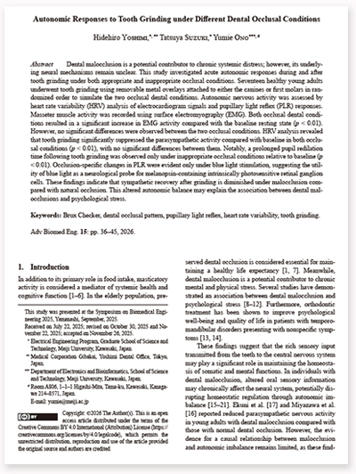 「Autonomic Responses to Tooth Grinding under Different Dental Occlusal Conditions